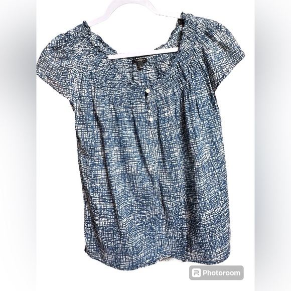 Talbots Blue and White Large Rusched Neckline Button Short Sleeve Blouse - Picture 3 of 7